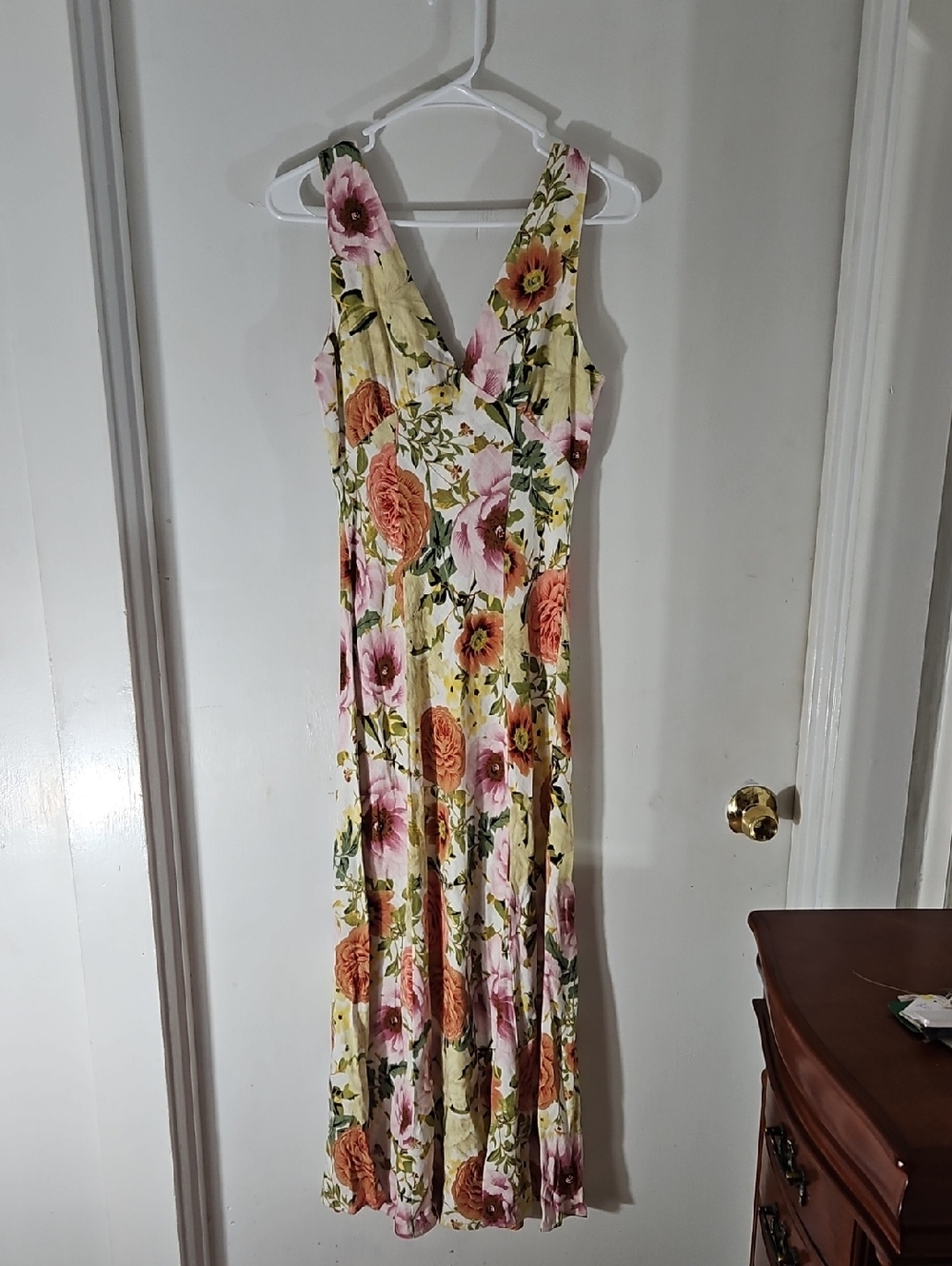 Paper Heart Floral Double V-Neck Maxi Dress Yellow with Pink and Orange Blooms